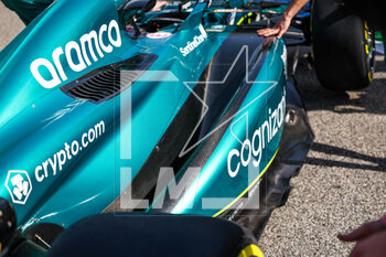 2023-02-23 - Technical details of the engine cover and sidepod bodywork of the Aston Martin F1 Team AMR23 during the Formula 1 Armco pre-season testing 2023 of the 2023 FIA Formula One World Championship from February 23 to 25, 2023 on the Bahrain International Circuit, in Sakhir, Bahrain - F1 - PRE-SEASON TESTING 2023 - BAHRAIN - FORMULA 1 - MOTORS