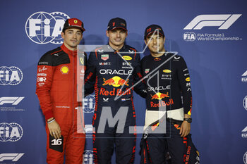 2023-03-04 - VERSTAPPEN Max (ned), Red Bull Racing RB19, portrait LECLERC Charles (mco), Scuderia Ferrari SF-23, portrait PEREZ Sergio (mex), Red Bull Racing RB19, portrait during the Formula 1 Gulf Air Bahrain Grand Prix 2023, 1st round of the 2023 FIA Formula One World Championship from March 2
3 to 5, 2023 on the Bahrain International Circuit, in Sakhir, Bahrain - F1 - BAHRAIN GRAND PRIX 2023 - FORMULA 1 - MOTORS