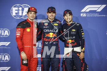 2023-03-04 - VERSTAPPEN Max (ned), Red Bull Racing RB19, portrait PEREZ Sergio (mex), Red Bull Racing RB19, portrait LECLERC Charles (mco), Scuderia Ferrari SF-23, portrait during the Formula 1 Gulf Air Bahrain Grand Prix 2023, 1st round of the 2023 FIA Formula One World Championship from March 2 to 5, 2023 on the Bahrain International Circuit, in Sakhir, Bahrain - F1 - BAHRAIN GRAND PRIX 2023 - FORMULA 1 - MOTORS