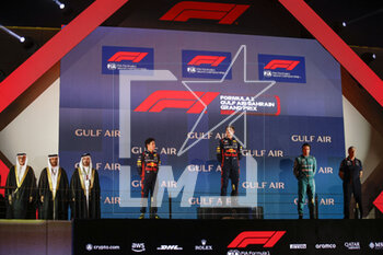 2023-03-05 - VERSTAPPEN Max (ned), Red Bull Racing RB19, portrait PEREZ Sergio (mex), Red Bull Racing RB19, portrait ALONSO Fernando (spa), Aston Martin F1 Team AMR23, portrait BEN SULAYEM Mohammed (uae), President of the FIA, portrait podium during the Formula 1 Gulf Air Bahrain Grand Prix 2023, 1st round of the 2023 FIA Formula One World Championship from March 2 to 5, 2023 on the Bahrain International Circuit, in Sakhir, Bahrain - F1 - BAHRAIN GRAND PRIX 2023 - RACE - FORMULA 1 - MOTORS