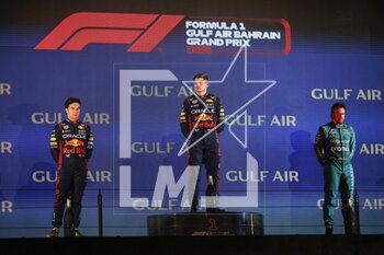 2023-03-05 - VERSTAPPEN Max (ned), Red Bull Racing RB19, portrait PEREZ Sergio (mex), Red Bull Racing RB19, portrait ALONSO Fernando (spa), Aston Martin F1 Team AMR23, portrait podium during the Formula 1 Gulf Air Bahrain Grand Prix 2023, 1st round of the 2023 FIA Formula One World Championship from March 2 to 5, 2023 on the Bahrain International Circuit, in Sakhir, Bahrain - F1 - BAHRAIN GRAND PRIX 2023 - RACE - FORMULA 1 - MOTORS