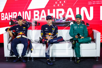 2023-03-05 - Press conference: PEREZ Sergio (mex), Red Bull Racing RB19, VERSTAPPEN Max (ned), Red Bull Racing RB19, ALONSO Fernando (spa), Aston Martin F1 Team AMR23, portrait during the Formula 1 Gulf Air Bahrain Grand Prix 2023, 1st round of the 2023 FIA Formula One World Championship from March 3 to 5, 2023 on the Bahrain International Circuit, in Sakhir, Bahrain - F1 - BAHRAIN GRAND PRIX 2023 - RACE - FORMULA 1 - MOTORS