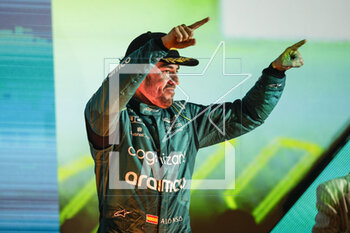2023-03-05 - ALONSO Fernando (spa), Aston Martin F1 Team AMR23, portrait celebrates his podium during the Formula 1 Gulf Air Bahrain Grand Prix 2023, 1st round of the 2023 FIA Formula One World Championship from March 2 to 5, 2023 on the Bahrain International Circuit, in Sakhir, Bahrain - F1 - BAHRAIN GRAND PRIX 2023 - RACE - FORMULA 1 - MOTORS