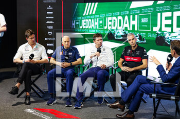 17/03/2023 - Press conference: WOLFF Toto (aut), Team Principal & CEO of Mercedes AMG F1 Team, TOST Franz (aut), Team Principal of Scuderia AlphaTauri, VOWLES James, Team Principal of Williams Racing, ALUNNI BRAVI Alessandro (ita), Managing Director of Sauber Group & Team Representative, CLARKSON Tom, during the Formula 1 STC Saudi Arabian Grand Prix 2023, 2nd round of the 2023 Formula One World Championship from March 17 to 19, 2023 on the Jeddah Corniche Circuit, in Jeddah, Saudi Arabia - F1 - SAUDI ARABIAN GRAND PRIX 2023 - FORMULA 1 - MOTORI
