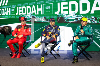 18/03/2023 - Press conference: LECLERC Charles (mco), Scuderia Ferrari SF-23, PEREZ Sergio (mex), Red Bull Racing RB19, ALONSO Fernando (spa), Aston Martin F1 Team AMR23, portrait during the Formula 1 STC Saudi Arabian Grand Prix 2023, 2nd round of the 2023 Formula One World Championship from March 17 to 19, 2023 on the Jeddah Corniche Circuit, in Jeddah, Saudi Arabia - F1 - SAUDI ARABIAN GRAND PRIX 2023 - FORMULA 1 - MOTORI
