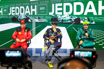 18/03/2023 - Press conference: LECLERC Charles (mco), Scuderia Ferrari SF-23, PEREZ Sergio (mex), Red Bull Racing RB19, ALONSO Fernando (spa), Aston Martin F1 Team AMR23, portrait during the Formula 1 STC Saudi Arabian Grand Prix 2023, 2nd round of the 2023 Formula One World Championship from March 17 to 19, 2023 on the Jeddah Corniche Circuit, in Jeddah, Saudi Arabia - F1 - SAUDI ARABIAN GRAND PRIX 2023 - FORMULA 1 - MOTORI