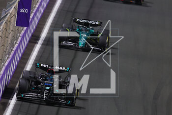 2023-03-19 - 63 RUSSELL George (gbr), Mercedes AMG F1 Team W14, action 18 STROLL Lance (can), Aston Martin F1 Team AMR23, action during the Formula 1 STC Saudi Arabian Grand Prix 2023, 2nd round of the 2023 Formula One World Championship from March 17 to 19, 2023 on the Jeddah Corniche Circuit, in Jeddah, Saudi Arabia - F1 - SAUDI ARABIAN GRAND PRIX 2023 - RACE - FORMULA 1 - MOTORS