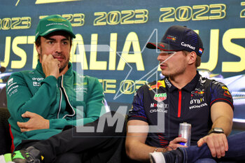 2023-03-30 - ALONSO Fernando (spa), Aston Martin F1 Team AMR23, VERSTAPPEN Max (ned), Red Bull Racing RB19, portrait, press conference during the Formula 1 Rolex Australian Grand Prix 2023, 3rd round of the 2023 Formula One World Championship from March 31 to April 2, 2023 on the Albert Park Circuit, in Melbourne, Australia - F1 - AUSTRALIAN GRAND PRIX 2023 - FORMULA 1 - MOTORS
