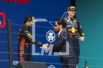 2023-05-07 - BEN SULAYEM Mohammed (uae), President of the FIA, PEREZ Sergio (mex), Red Bull Racing RB19, VERSTAPPEN Max (ned), Red Bull Racing RB19 on the podium during the Formula 1 Crypto.com Miami Grand Prix 2023, 5th round of the 2023 Formula One World Championship from May 05 to 07, 2023 on the Miami International Autodrome, in Miami Gardens, Florida, United States of America - F1 - MIAMI GRAND PRIX 2023 - RACE - FORMULA 1 - MOTORS