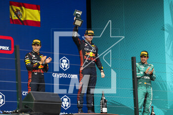 2023-05-07 - PEREZ Sergio (mex), Red Bull Racing RB19, VERSTAPPEN Max (ned), Red Bull Racing RB19, ALONSO Fernando (spa), Aston Martin F1 Team AMR23, portrait on the podium during the Formula 1 Crypto.com Miami Grand Prix 2023, 5th round of the 2023 Formula One World Championship from May 05 to 07, 2023 on the Miami International Autodrome, in Miami Gardens, Florida, United States of America - F1 - MIAMI GRAND PRIX 2023 - RACE - FORMULA 1 - MOTORS