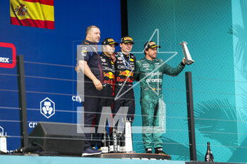 2023-05-07 - PEREZ Sergio (mex), Red Bull Racing RB19, VERSTAPPEN Max (ned), Red Bull Racing RB19, ALONSO Fernando (spa), Aston Martin F1 Team AMR23, portrait on the podium during the Formula 1 Crypto.com Miami Grand Prix 2023, 5th round of the 2023 Formula One World Championship from May 05 to 07, 2023 on the Miami International Autodrome, in Miami Gardens, Florida, United States of America - F1 - MIAMI GRAND PRIX 2023 - RACE - FORMULA 1 - MOTORS
