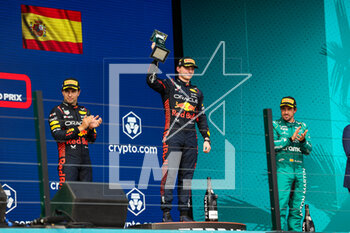 2023-05-07 - Podium: VERSTAPPEN Max (ned), Red Bull Racing RB19, PEREZ Sergio (mex), Red Bull Racing RB19, ALONSO Fernando (spa), Aston Martin F1 Team AMR23, portrait during the Formula 1 Crypto.com Miami Grand Prix 2023, 5th round of the 2023 Formula One World Championship from May 05 to 07, 2023 on the Miami International Autodrome, in Miami Gardens, Florida, United States of America - F1 - MIAMI GRAND PRIX 2023 - RACE - FORMULA 1 - MOTORS