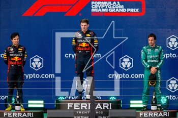 2023-05-07 - Winner, Podium Max Verstappen #1 (NED) Oracle Red Bull Racing, Sergio Perez #11, (MEX) Oracle Red Bull Racing, Fernando Alonso #14 (ESP) Aston Martin Aramco Cognizant, F1 Team, Formula 1 Crypto.com Miami Grand Prix 2023, 5th Round of the 2023 Formula One Championship From May 5th to 7th, 2023 on the Miami International Auditorium, in Miami Gardens, Florida, United States of America, Stefano Facchin/Avensimages - FORMULA 1 CRYPTO.COM MIAMI GRAND PRIX 2023 - FORMULA 1 - MOTORS