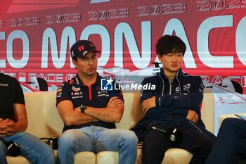 2023-05-25 - Sergio Perez (MEX) Redbull Racing RB19 Yuki Tsunoda (JAP) Alpha Tauri AT04 during press conference - 2023 GRAND PRIX DE MONACO - THURSDAY - AMBIENT AND PRESS CONFERENCE - FORMULA 1 - MOTORS