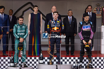 2023-05-28 - Podium, ALONSO Fernando (spa), Aston Martin F1 Team AMR23, VERSTAPPEN Max (ned), Red Bull Racing RB19, OCON Esteban (fra), Alpine F1 Team A523, portrait during the Formula 1 Grand Prix de Monaco 2023, 6th round of the 2023 Formula One World Championship from May 26 to 28, 2023 on the Circuit de Monaco, in Monaco - F1 - MONACO GRAND PRIX 2023 - RACE - FORMULA 1 - MOTORS