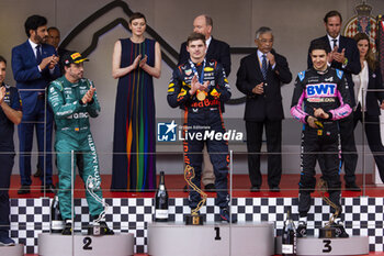 2023-05-28 - ALONSO Fernando (spa), Aston Martin F1 Team AMR23, VERSTAPPEN Max (ned), Red Bull Racing RB19, OCON Esteban (fra), Alpine F1 Team A523, portrait on the podium during the Formula 1 Grand Prix de Monaco 2023, 6th round of the 2023 Formula One World Championship from May 26 to 28, 2023 on the Circuit de Monaco, in Monaco - F1 - MONACO GRAND PRIX 2023 - RACE - FORMULA 1 - MOTORS