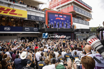 2023-06-04 - VERSTAPPEN Max (ned), Red Bull Racing RB19, portrait HAMILTON Lewis (gbr), Mercedes AMG F1 Team W14, portrait RUSSELL George (gbr), Mercedes AMG F1 Team W14, portrait podium spectators, fans during the Formula 1 AWS Gran Premio de Espana 2023, 7th round of the 2023 Formula One World Championship from June 2 to 4, 2023 on the Circuit de Barcelona-Catalunya, in Montmelo, Spain - F1 - SPANISH GRAND PRIX 2023 - RACE - FORMULA 1 - MOTORS