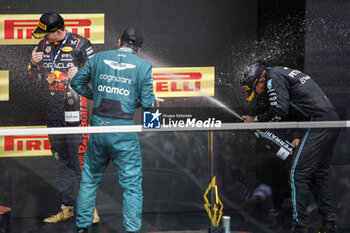 2023-06-18 - HAMILTON Lewis (gbr), Mercedes AMG F1 Team W14, portrait ALONSO Fernando (spa), Aston Martin F1 Team AMR23, portrait VERSTAPPEN Max (ned), Red Bull Racing RB19, portrait podium during the Formula 1 Pirelli Grand Prix du Canada, 8th round of the 2023 Formula One World Championship from June 16 to 18, 2023 on the Circuit Gilles Villeneuve, in Montréal, Canada - F1 - CANADIAN GRAND PRIX 2023 - RACE - FORMULA 1 - MOTORS
