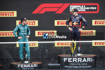 2023-06-18 - ALONSO Fernando (spa), Aston Martin F1 Team AMR23, portrait VERSTAPPEN Max (ned), Red Bull Racing RB19, portrait podium during the Formula 1 Pirelli Grand Prix du Canada, 8th round of the 2023 Formula One World Championship from June 16 to 18, 2023 on the Circuit Gilles Villeneuve, in Montréal, Canada - F1 - CANADIAN GRAND PRIX 2023 - RACE - FORMULA 1 - MOTORS