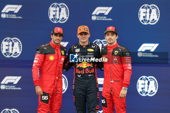 2023-06-30 - SAINZ Carlos (spa), Scuderia Ferrari SF-23, portrait VERSTAPPEN Max (ned), Red Bull Racing RB19, portrait LECLERC Charles (mco), Scuderia Ferrari SF-23, portrait celebrate during the 2023 Formula 1 Rolex Grosser Preis von Osterreich, 2023 Austrian Grand Prix, 9th round of the 2023 Formula One World Championship from June 30 to July 2, 2023 on the Red Bull Ring, in Spielberg, Austria - F1 - AUSTRIAN GRAND PRIX 2023 - FORMULA 1 - MOTORS