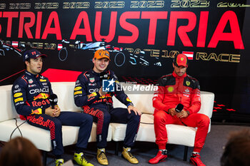 2023-07-01 - PEREZ Sergio (mex), Red Bull Racing RB19, VERSTAPPEN Max (ned), Red Bull Racing RB19, SAINZ Carlos (spa), Scuderia Ferrari SF-23, portrait, during the 2023 Formula 1 Rolex Grosser Preis von Osterreich, 2023 Austrian Grand Prix, 9th round of the 2023 Formula One World Championship from June 30 to July 2, 2023 on the Red Bull Ring, in Spielberg, Austria - F1 - AUSTRIAN GRAND PRIX 2023 - FORMULA 1 - MOTORS