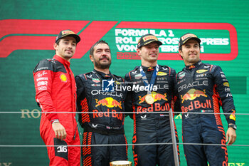 2023-07-02 - Podium: LECLERC Charles (mco), Scuderia Ferrari SF-23, VERSTAPPEN Max (ned), Red Bull Racing RB19, PEREZ Sergio (mex), Red Bull Racing RB19, portrait, during the 2023 Formula 1 Rolex Grosser Preis von Osterreich, 2023 Austrian Grand Prix, 9th round of the 2023 Formula One World Championship from June 30 to July 2, 2023 on the Red Bull Ring, in Spielberg, Austria - F1 - AUSTRIAN GRAND PRIX 2023 - RACE - FORMULA 1 - MOTORS