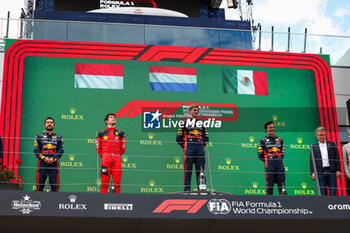 2023-07-02 - Podium: LECLERC Charles (mco), Scuderia Ferrari SF-23, VERSTAPPEN Max (ned), Red Bull Racing RB19, PEREZ Sergio (mex), Red Bull Racing RB19, portrait during the 2023 Formula 1 Rolex Grosser Preis von Osterreich, 2023 Austrian Grand Prix, 9th round of the 2023 Formula One World Championship from June 30 to July 2, 2023 on the Red Bull Ring, in Spielberg, Austria - F1 - AUSTRIAN GRAND PRIX 2023 - RACE - FORMULA 1 - MOTORS