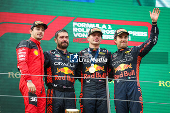 2023-07-02 - Podium: LECLERC Charles (mco), Scuderia Ferrari SF-23, VERSTAPPEN Max (ned), Red Bull Racing RB19, PEREZ Sergio (mex), Red Bull Racing RB19, portrait, during the 2023 Formula 1 Rolex Grosser Preis von Osterreich, 2023 Austrian Grand Prix, 9th round of the 2023 Formula One World Championship from June 30 to July 2, 2023 on the Red Bull Ring, in Spielberg, Austria - F1 - AUSTRIAN GRAND PRIX 2023 - RACE - FORMULA 1 - MOTORS
