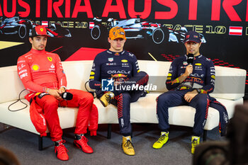 2023-07-02 - Press conference: LECLERC Charles (mco), Scuderia Ferrari SF-23, VERSTAPPEN Max (ned), Red Bull Racing RB19, PEREZ Sergio (mex), Red Bull Racing RB19, portrait during the 2023 Formula 1 Rolex Grosser Preis von Osterreich, 2023 Austrian Grand Prix, 9th round of the 2023 Formula One World Championship from June 30 to July 2, 2023 on the Red Bull Ring, in Spielberg, Austria - F1 - AUSTRIAN GRAND PRIX 2023 - RACE - FORMULA 1 - MOTORS