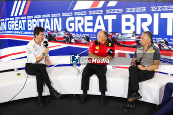 2023-07-07 - press conference WOLFF Toto (aut), Team Principal & CEO of Mercedes AMG F1 Team, VASSEUR Frederic (fra), Team Principal of Alfa Romeo F1 Team ORLEN, ISOLA Mario (ita), Motorsport Racing Manager of Pirelli, portrait during the 2023 Formula 1 Aramco British Grand Prix, 10th round of the 2023 Formula One World Championship from July 7 to 9, 2023 on the Silverstone Circuit, in Silverstone, United Kingdom - F1 - BRITISH GRAND PRIX 2023 - FORMULA 1 - MOTORS