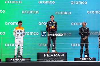 2023-07-09 - podium VERSTAPPEN Max (ned), Red Bull Racing RB19, NORRIS Lando (gbr), McLaren F1 Team MCL60, HAMILTON Lewis (gbr), Mercedes AMG F1 Team W14, portrait during the 2023 Formula 1 Aramco British Grand Prix, 10th round of the 2023 Formula One World Championship from July 7 to 9, 2023 on the Silverstone Circuit, in Silverstone, United Kingdom - F1 - BRITISH GRAND PRIX 2023 - RACE - FORMULA 1 - MOTORS