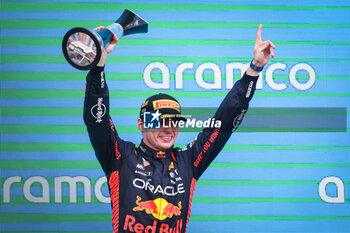 2023-07-09 - podium VERSTAPPEN Max (ned), Red Bull Racing RB19, portrait during the 2023 Formula 1 Aramco British Grand Prix, 10th round of the 2023 Formula One World Championship from July 7 to 9, 2023 on the Silverstone Circuit, in Silverstone, United Kingdom - F1 - BRITISH GRAND PRIX 2023 - RACE - FORMULA 1 - MOTORS