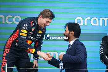 2023-07-09 - podium BEN SULAYEM Mohammed (uae), President of the FIA, VERSTAPPEN Max (ned), Red Bull Racing RB19, portrait during the 2023 Formula 1 Aramco British Grand Prix, 10th round of the 2023 Formula One World Championship from July 7 to 9, 2023 on the Silverstone Circuit, in Silverstone, United Kingdom - F1 - BRITISH GRAND PRIX 2023 - RACE - FORMULA 1 - MOTORS