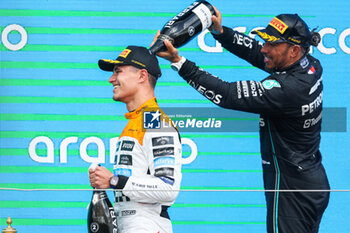 2023-07-09 - podium NORRIS Lando (gbr), McLaren F1 Team MCL60, HAMILTON Lewis (gbr), Mercedes AMG F1 Team W14, portrait during the 2023 Formula 1 Aramco British Grand Prix, 10th round of the 2023 Formula One World Championship from July 7 to 9, 2023 on the Silverstone Circuit, in Silverstone, United Kingdom - F1 - BRITISH GRAND PRIX 2023 - RACE - FORMULA 1 - MOTORS