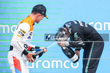 2023-07-09 - podium NORRIS Lando (gbr), McLaren F1 Team MCL60, HAMILTON Lewis (gbr), Mercedes AMG F1 Team W14, portrait during the 2023 Formula 1 Aramco British Grand Prix, 10th round of the 2023 Formula One World Championship from July 7 to 9, 2023 on the Silverstone Circuit, in Silverstone, United Kingdom - F1 - BRITISH GRAND PRIX 2023 - RACE - FORMULA 1 - MOTORS
