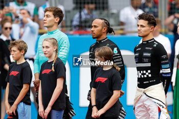 2023-07-09 - RUSSELL George (gbr), Mercedes AMG F1 Team W14, portrait HAMILTON Lewis (gbr), Mercedes AMG F1 Team W14, portrait NORRIS Lando (gbr), McLaren F1 Team MCL60, portrait during the 2023 Formula 1 Aramco British Grand Prix, 10th round of the 2023 Formula One World Championship from July 7 to 9, 2023 on the Silverstone Circuit, in Silverstone, United Kingdom - F1 - BRITISH GRAND PRIX 2023 - RACE - FORMULA 1 - MOTORS