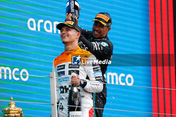 2023-07-09 - NORRIS Lando (gbr), McLaren F1 Team MCL60, portrait HAMILTON Lewis (gbr), Mercedes AMG F1 Team W14, portrait podium during the 2023 Formula 1 Aramco British Grand Prix, 10th round of the 2023 Formula One World Championship from July 7 to 9, 2023 on the Silverstone Circuit, in Silverstone, United Kingdom - F1 - BRITISH GRAND PRIX 2023 - RACE - FORMULA 1 - MOTORS