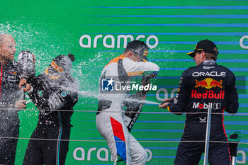 2023-07-09 - VERSTAPPEN Max (ned), Red Bull Racing RB19, NORRIS Lando (gbr), McLaren F1 Team MCL60 and HAMILTON Lewis (gbr), Mercedes AMG F1 Team W14, portrait podium during the 2023 Formula 1 Aramco British Grand Prix, 10th round of the 2023 Formula One World Championship from July 7 to 9, 2023 on the Silverstone Circuit, in Silverstone, United Kingdom - F1 - BRITISH GRAND PRIX 2023 - RACE - FORMULA 1 - MOTORS