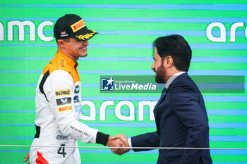 2023-07-09 - podium NORRIS Lando (gbr), McLaren F1 Team MCL60, BEN SULAYEM Mohammed (uae), President of the FIA, portrait during the 2023 Formula 1 Aramco British Grand Prix, 10th round of the 2023 Formula One World Championship from July 7 to 9, 2023 on the Silverstone Circuit, in Silverstone, United Kingdom - F1 - BRITISH GRAND PRIX 2023 - RACE - FORMULA 1 - MOTORS