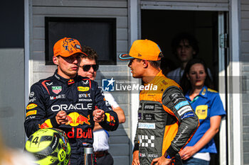 2023-07-22 - Max Verstappen (NED) Redbull Racing RB19 chatting with Lando Norris (GBR) McLaren MCL60 during qualify top3 celebrations - 2023 FORMULA 1 QATAR AIRWAYS HUNGARIAN GRAND PRIX, FORMULA ONE WORLD CHAMPIONSHIP - FREE PRACTICE AND QUALIFY - FORMULA 1 - MOTORS