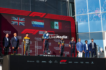 2023-07-23 - Podium: VERSTAPPEN Max (ned), Red Bull Racing RB19, NORRIS Lando (gbr), McLaren F1 Team MCL60, PEREZ Sergio (mex), Red Bull Racing RB19, MONAGHAN Paul, Chief Engineer & Car Engineering of Red Bull Racing, BEN SULAYEM Mohammed (uae), President of the FIA, portrait during the 2023 Formula 1 Qatar Airways Hungarian Grand Prix, 11th round of the 2023 Formula One World Championship from July 21 to 23, 2023 on the Hungaroring, in Mogyorod, Hungary - F1 - HUNGARIAN GRAND PRIX 2023 - RACE - FORMULA 1 - MOTORS