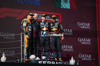 2023-07-23 - Podium: NORRIS Lando (gbr), McLaren F1 Team MCL60, MONAGHAN Paul, Chief Engineer & Car Engineering of Red Bull Racing, VERSTAPPEN Max (ned), Red Bull Racing RB19, PEREZ Sergio (mex), Red Bull Racing RB19, portrait during the 2023 Formula 1 Qatar Airways Hungarian Grand Prix, 11th round of the 2023 Formula One World Championship from July 21 to 23, 2023 on the Hungaroring, in Mogyorod, Hungary - F1 - HUNGARIAN GRAND PRIX 2023 - RACE - FORMULA 1 - MOTORS