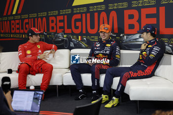2023-07-28 - LECLERC Charles (mco), Scuderia Ferrari SF-23, VERSTAPPEN Max (ned), Red Bull Racing RB19, PEREZ Sergio (mex), Red Bull Racing RB19, portrait, press conference during the 2023 Formula 1 MSC Cruises Belgian Grand Prix, 12th round of the 2023 Formula One World Championship from July 28 to 30, 2023 on the Circuit de Spa-Francorchamps, in Stavelot, Belgium - F1 - BELGIAN GRAND PRIX 2023 - FORMULA 1 - MOTORS
