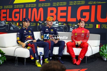 2023-07-30 - Press conference: PEREZ Sergio (mex), Red Bull Racing RB19, VERSTAPPEN Max (ned), Red Bull Racing RB19, LECLERC Charles (mco), Scuderia Ferrari SF-23, portrait, during the 2023 Formula 1 MSC Cruises Belgian Grand Prix, 12th round of the 2023 Formula One World Championship from July 28 to 30, 2023 on the Circuit de Spa-Francorchamps, in Stavelot, Belgium - F1 - BELGIAN GRAND PRIX 2023 - RACE - FORMULA 1 - MOTORS