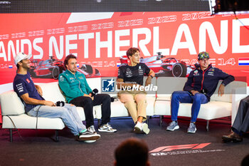 2023-08-24 - Press conference: RICCIARDO Daniel (aus), Scuderia AlphaTauri AT04, ALONSO Fernando (spa), Aston Martin F1 Team AMR23, RUSSELL George (gbr), Mercedes AMG F1 Team W14, VERSTAPPEN Max (ned), Red Bull Racing RB19, portrait during the 2023 Formula 1 Heineken Dutch Grand Prix, 13th round of the 2023 Formula One World Championship from August 25 to 28, 2023 on the Zandvoort Circuit, in Zandvoort, Netherlands - F1 - DUTCH GRAND PRIX 2023 - FORMULA 1 - MOTORS