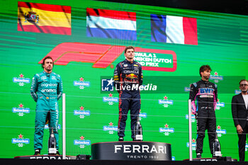 2023-08-27 - Podium: VERSTAPPEN Max (ned), Red Bull Racing RB19, ALONSO Fernando (spa), Aston Martin F1 Team AMR23, GASLY Pierre (fra), Alpine F1 Team A523, portrait during the 2023 Formula 1 Heineken Dutch Grand Prix, 13th round of the 2023 Formula One World Championship from August 25 to 28, 2023 on the Zandvoort Circuit, in Zandvoort, Netherlands - F1 - DUTCH GRAND PRIX 2023 - RACE - FORMULA 1 - MOTORS