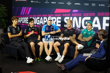 2023-09-14 - Press conference: RUSSELL George (gbr), Mercedes AMG F1 Team W14, ZHOU Guanyu (chi), Alfa Romeo F1 Team Stake C43, SARGEANT Logan (usa), Williams Racing FW45, MAGNUSSEN Kevin (den), Haas F1 Team VF-23 Ferrari, STROLL Lance (can), Aston Martin F1 Team AMR23, portrait during the 2023 Formula 1 Singapore Airlines Singapore Grand Prix, 15th round of the 2023 Formula One World Championship from September 15 to 17, 2023 on the Marina Bay Street Circuit, in Singapore - F1 - SINGAPORE GRAND PRIX 2023 - FORMULA 1 - MOTORS