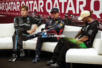 2023-10-06 - VERSTAPPEN Max (ned), Red Bull Racing RB19, portrait RUSSELL George (gbr), Mercedes AMG F1 Team W14, portrait HAMILTON Lewis (gbr), Mercedes AMG F1 Team W14, portrait press conference during the 2023 Formula 1 Qatar Grand Prix, 17th round of the 2023 Formula One World Championship from October 6 to 8, 2023 on the Lusail International Circuit, in Doha, Qatar - F1 - QATAR GRAND PRIX 2023 - FORMULA 1 - MOTORS