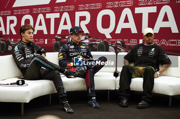 2023-10-06 - RUSSELL George (gbr), Mercedes AMG F1 Team W14, portrait VERSTAPPEN Max (ned), Red Bull Racing RB19, portrait HAMILTON Lewis (gbr), Mercedes AMG F1 Team W14, portrait press conference during the 2023 Formula 1 Qatar Grand Prix, 17th round of the 2023 Formula One World Championship from October 6 to 8, 2023 on the Lusail International Circuit, in Doha, Qatar - F1 - QATAR GRAND PRIX 2023 - FORMULA 1 - MOTORS