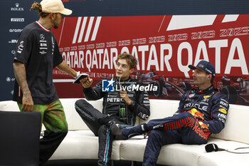 2023-10-06 - HAMILTON Lewis (gbr), Mercedes AMG F1 Team W14, portrait RUSSELL George (gbr), Mercedes AMG F1 Team W14, portrait VERSTAPPEN Max (ned), Red Bull Racing RB19, portrait during the 2023 Formula 1 Qatar Grand Prix, 17th round of the 2023 Formula One World Championship from October 6 to 8, 2023 on the Lusail International Circuit, in Doha, Qatar - F1 - QATAR GRAND PRIX 2023 - FORMULA 1 - MOTORS
